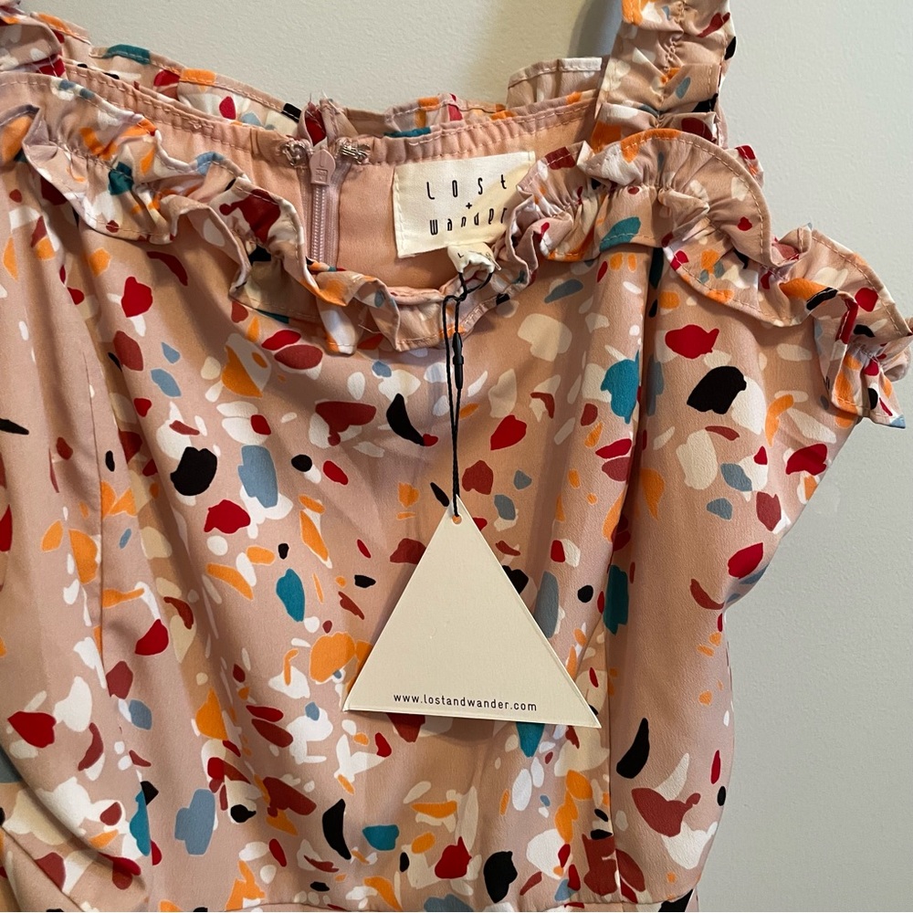 NWT Lulus Lost + Wander Santa Rosa Printed Ruffled Dress Blush Pink L Large - Picture 9 of 10